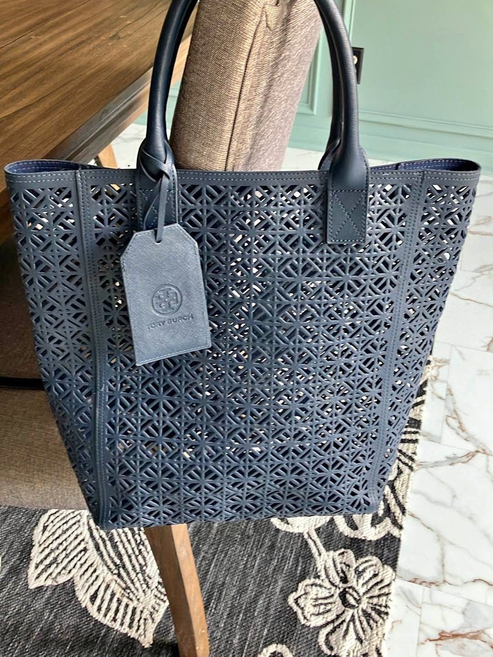 Tory Burch Navy Laser-Cut Leather Tote
